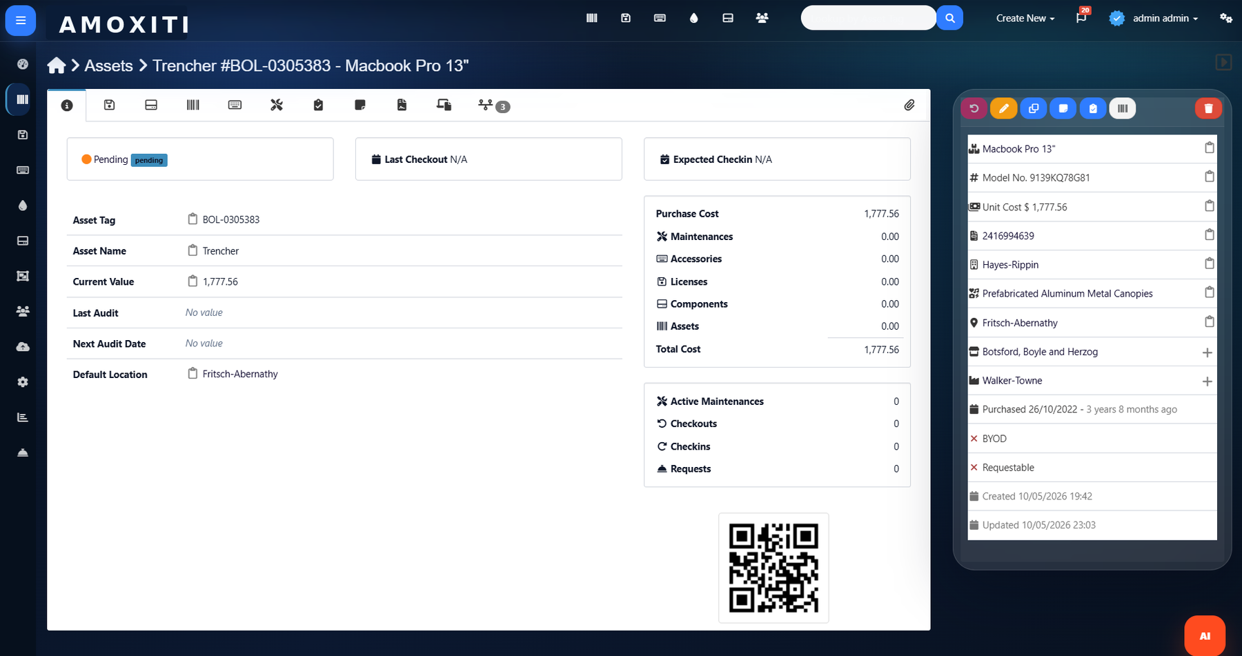 AMOXITI asset detail screen